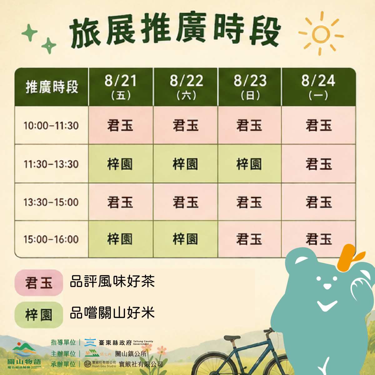 關山旅展推廣時段表：8月21日至24日每日四時段，分品茶與品米兩主題