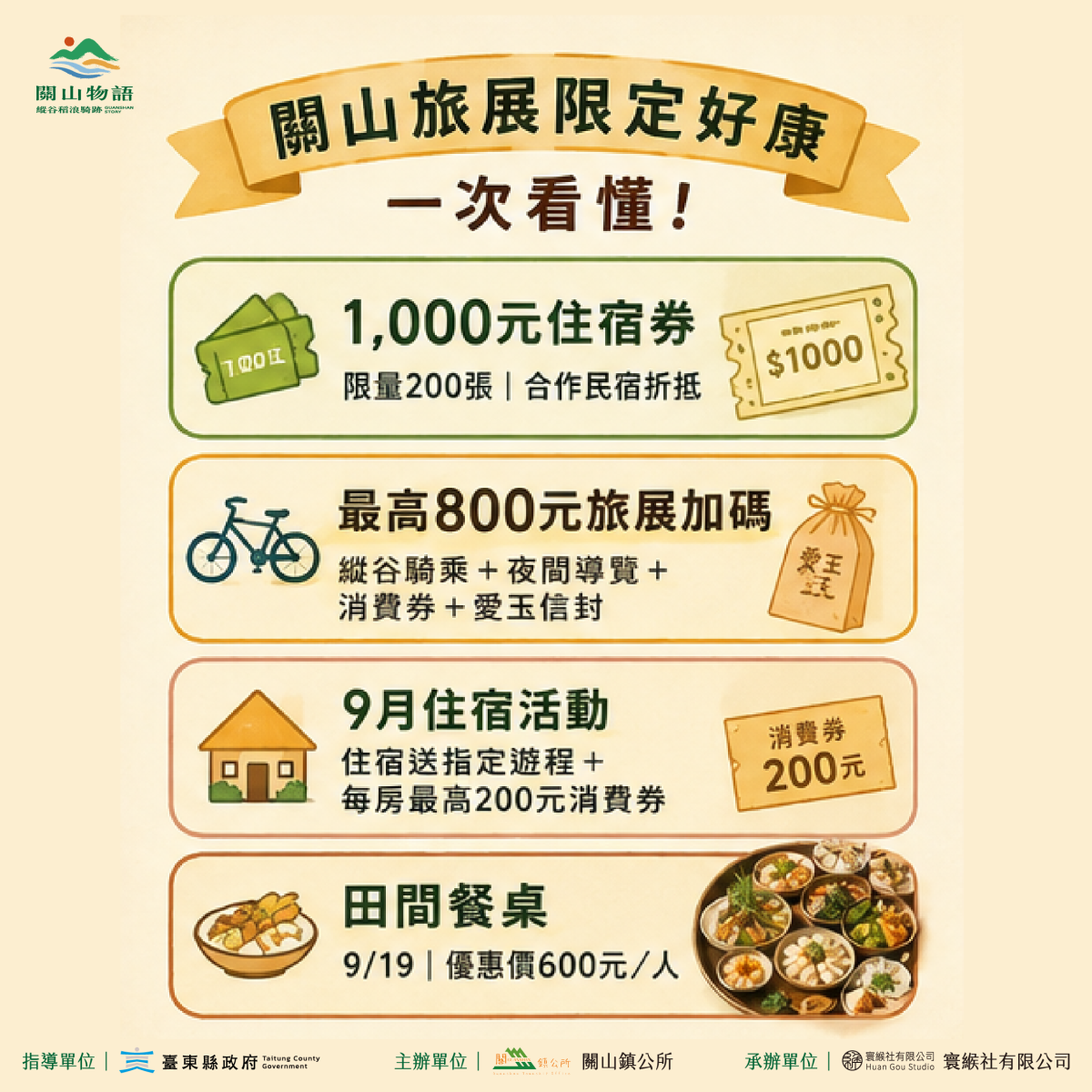 關山旅展限定好康總覽：住宿券、旅展加碼、9月住宿活動與田間餐桌四項優惠